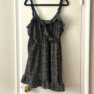 Black sundress with pink and white flowers fit and flare v neck